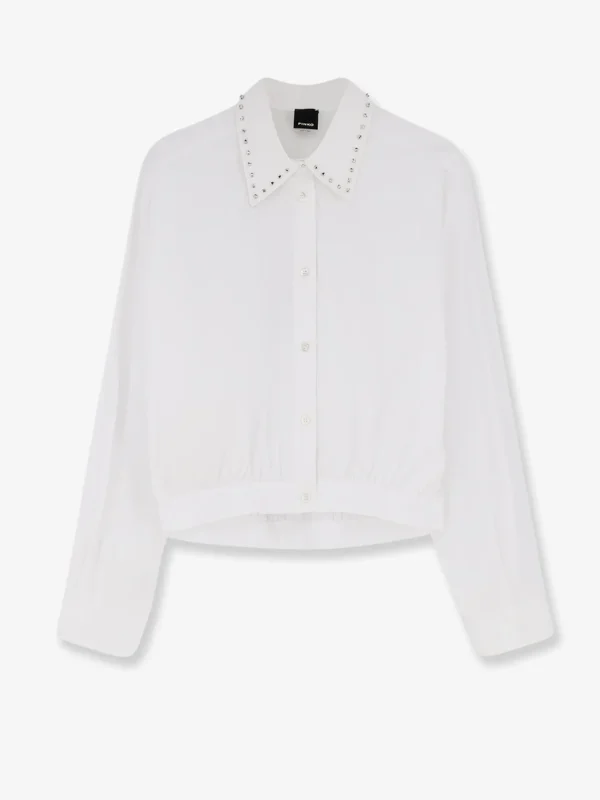 26p-pinko-106277a31wz04 Pinko Charita Camicia Cropped A Righe Con Colletto Gioiello
