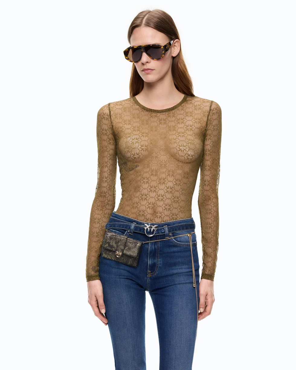 Pinko Rover Maglia In Pizzo Stretch Con Motivo Logo Love Birds