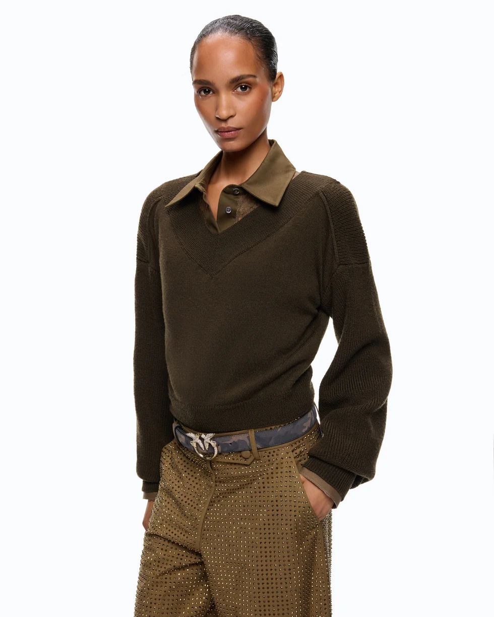 Pinko Ringhio Maglia Cropped In Lana Con Manica A Palloncino